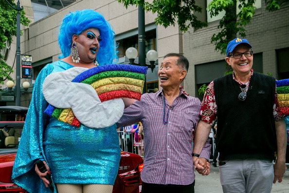 George Takei (middle) with Mama Tits and Brad Takei, Pride 2014.