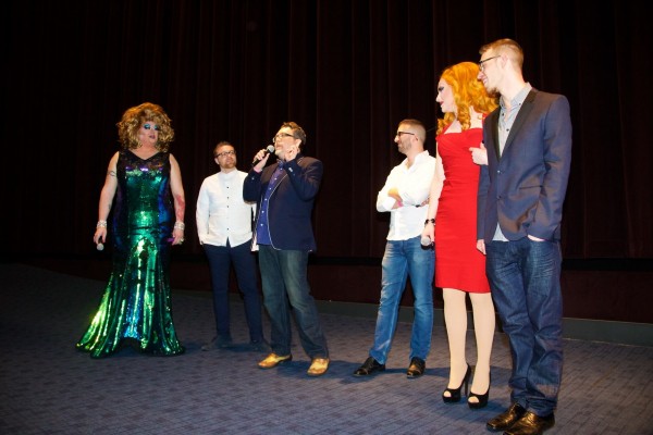 Host Mama Tits, Producers Jacob Leander, Michael Strangeways, Basil Shadid join star Jinkx Monsoon and Director Alex Berry at the post screening Q & A for "Drag Becomes Him" at its World Premiere at Seattle's Cinerama on April 29, 2015. Photo: Matt Baume/SGS.