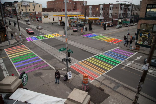 Make a Rainbow Connection at Pike & Broadway as Rainbow Crosswalks are unveiled this Tuesday, June 23, 2015!  Photo: SoSea Rainbow Crosswalk Project