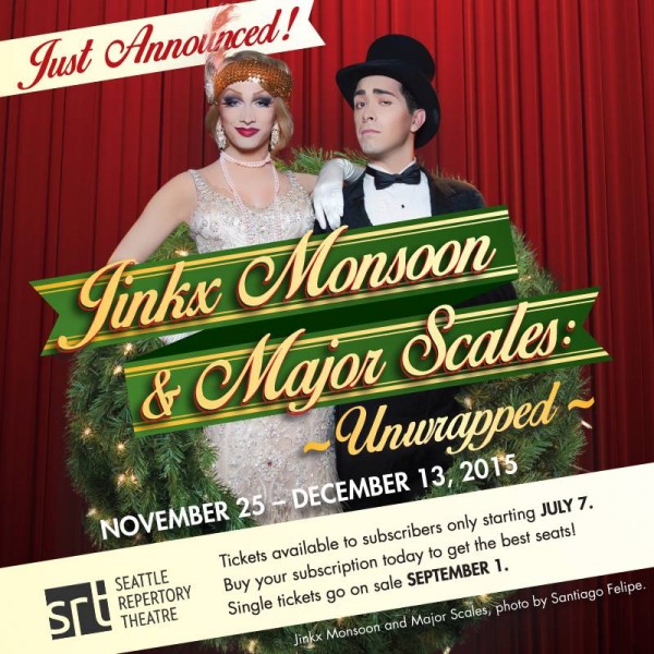 Jinkx Monsoon & Major Scales return to the Seattle Rep for their holiday show UNWRAPPED for Nov/Dec of 2016. Single tickets on sale Sept 1st. Photo: Santiago Felipe