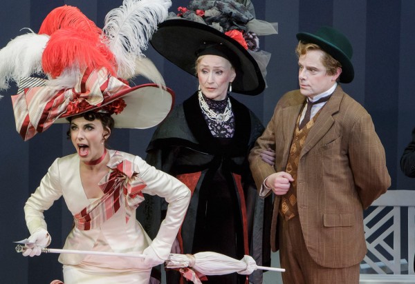 Allison Standley (Eliza Doolittle), Priscilla Hake Lauris (Mrs. Higgins), and Mark Anders (Henry Higgins). My Fair Lady Production photo. © 2015 Tracy Martin. Property of Village Theatre.