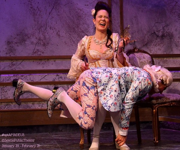 Constanze (Keiko Green) spanks the naughty Mozart (Tim Gouran) in Seattle Public's production of "Amadeus". 