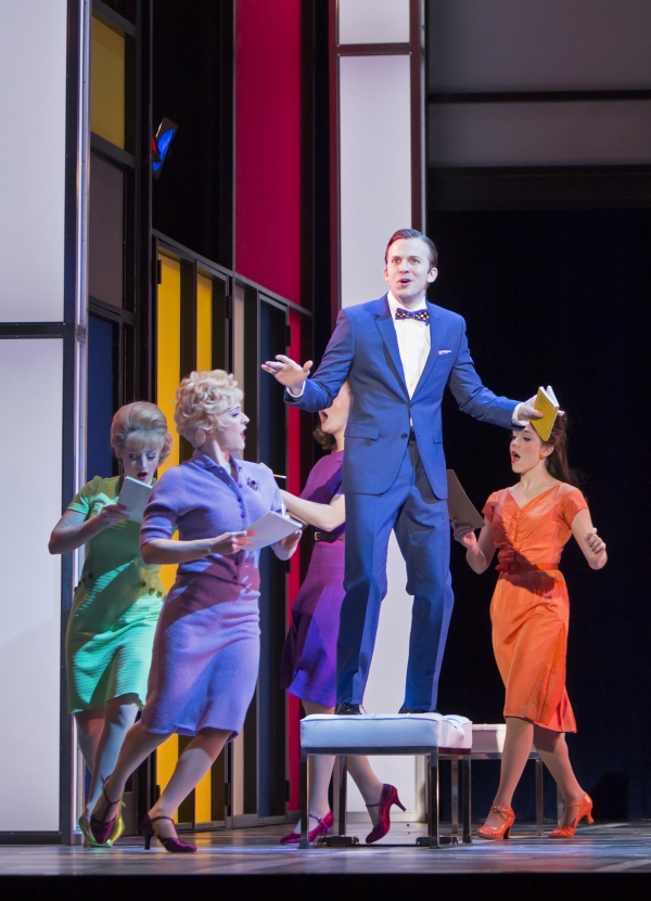 J. Pierrepont Finch (Eric Ankrim) and company in How to Succeed in Business Without Really Trying at The 5th Avenue Theatre. Photo Credit Tracy Martin