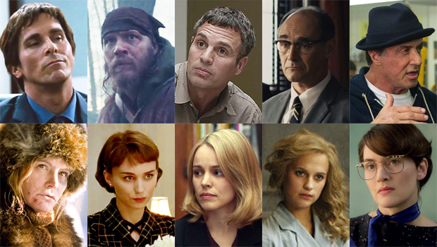 For Best Supporting Actor (from top left): Christian Bale, "The Big Short"; Tom Hardy, "The Revenant"; Mark Ruffalo, "Spotlight"; Mark Rylance, "Bridge of Spies"; and Sylvester Stallone, "Creed." Best Supporting Actress nominees (from bottom left): Jennifer Jason Leigh, "The Hateful Eight"; Rooney Mara, "Carol"; Rachel McAdams, "Spotlight"; Alicia Vikander, "The Danish Girl"; and Kate Winslet, "Steve Jobs."