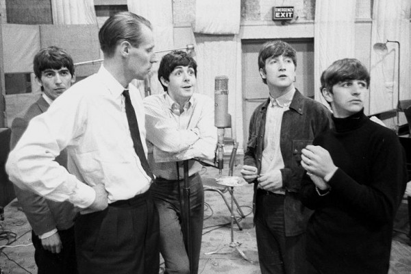 Left to right: George Harrison, George Martin, Paul McCartney, John Lennon, Ringo Starr