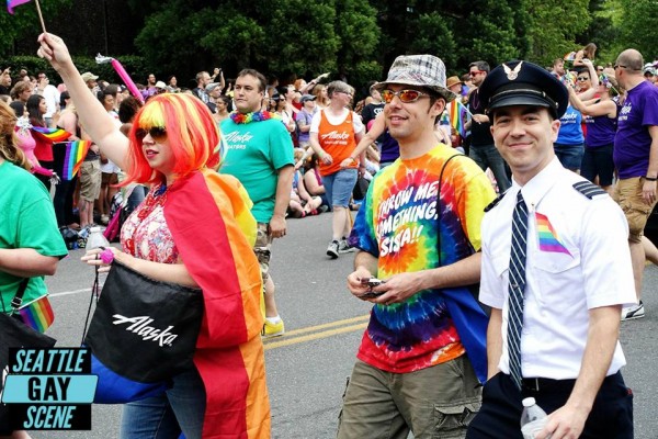 Alaska Airlines employees march in Seattle Pride's 2015 parade. But, an exclusive deal with rival Delta will keep branded Alaska Air employees out of Seattle Pride Parade for 2016. Photo: Michael McAfoose for SGS
