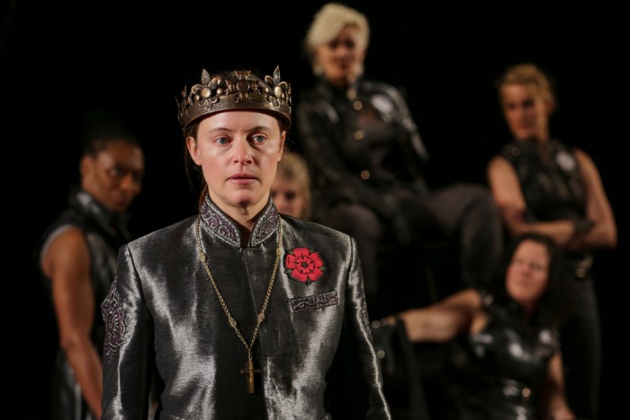 Betsy Schwartz, front as King Henry VI in Seattle Shakespeare Company's collaboration with the upstart crow theater company, BRING DOWN THE HOUSE an adaptation of Shakespeare's Henry VI trilogy of plays with an all female cast. Photo: John Ulman