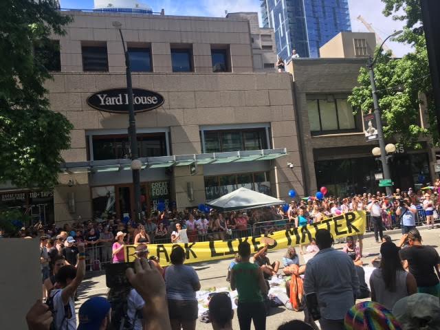 No Justice No Pride protesters shut down the 2017 Seattle Pride Parade in downtown Seattle with Black Lives Matter activists. Photo: Basil Shadid