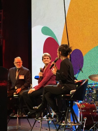 Dave Goelz (left) and Karen Prell (middle) during spotlight talk at MoPOP, May 19, 2017. Photo: Korra Q