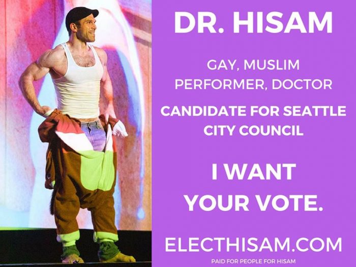 We're guessing that Dr. Hisam Goueli is the only gay Muslim doctor/burlesque performer running for political office in the world. He's one of three LGBTQ candidates vying for the open Position 8 seat on the Seattle City Council this year.