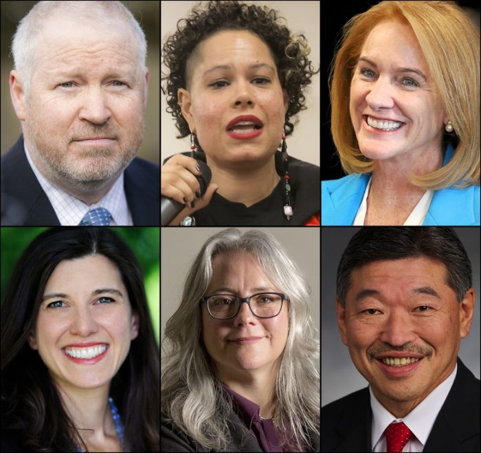 Six top candidates for Seattle's 2017 mayoral race. From top left row: Mike McGinn, Nikkita Oliver, Jenny Durkan and bottom row from left: Jessyn Farrell, Cary Moon and Bob Hasegawa