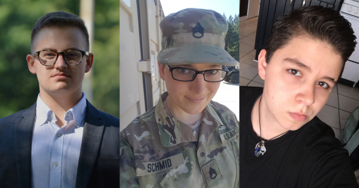 Ryan Karnoski, Staff Sergeant Cathrine (“Katie”) Schmid, and Drew Layne are plaintiffs in the lawsuit filed against Donald J. Trump filed in Seattle on August 28, 2017 seeking to stop Trump's ban on transgender military members.