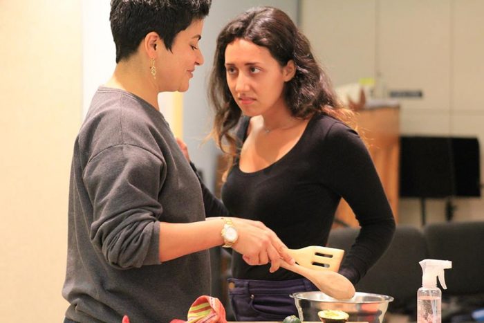 Sisters Zarina (Monika Jolly) and Mahwish (Haley Alaji) have some "sister" talk in this rehearsal photo from ArtsWest's production of Ayad Ahktar's THE WHO & THE WHAT onstage through October 1, 2017
