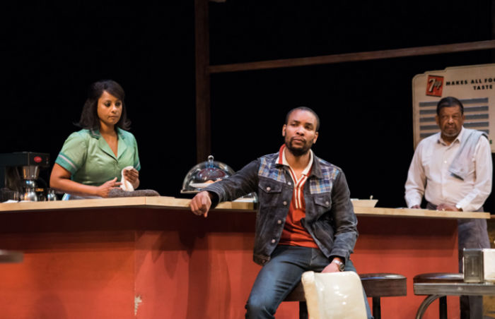 Nicole Lewis (Risa), Carlton Byrd (Sterling), Eugene Lee (Memphis) in Seattle Repertory Theatre’s production of August Wilson’s Two Trains Running. Photo by Nate Watters.