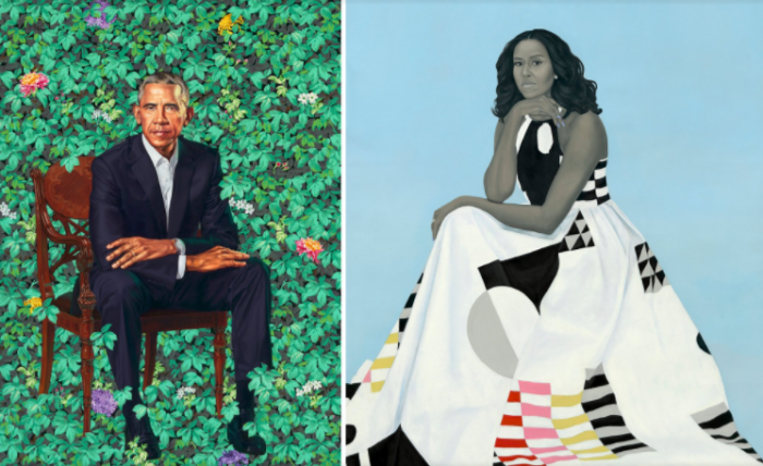 Kehinde Wiley's official portrait of President Barack Obama and Amy Sherald's portrait of Michelle Obama.