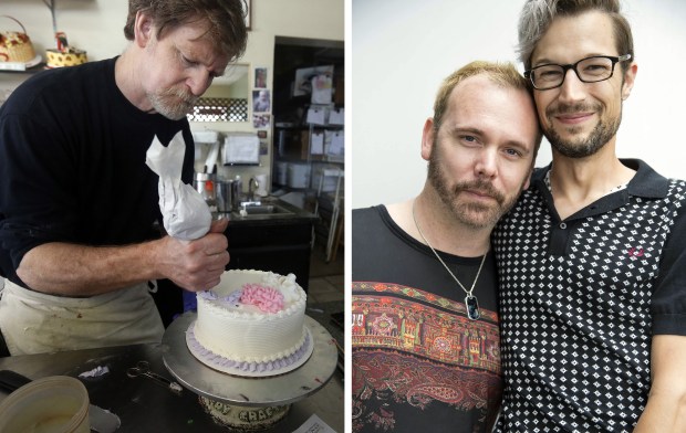 At left, Masterpiece Cakeshop owner Jack Phillips; at right, David Mullins and Charlie Craig. 