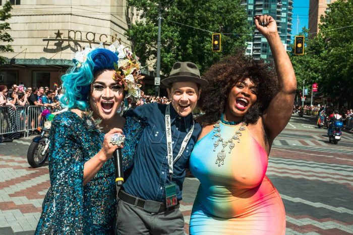 Your 2018 Seattle Pride Westlake Stage hosts: Aleksa Manila, Ilvs strauss, Briq House! Photo: Nate Gowdy