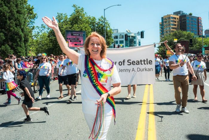 Seattle Mayor Jenny Durkan marching in the 2018 Seattle Pride Parade. Photo: Nate Gowdy