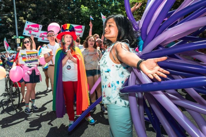 Congressperson Pramila Jayapal, Representative (D-WA 7th District) marching in the 2018 Seattle Pride Parade. Photo: Nate Gowdy