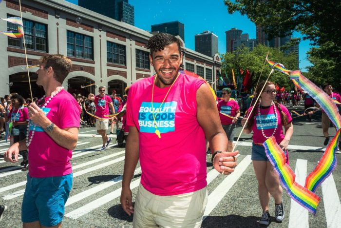 Tristen Pamphlet-Gardner, winner of the 2018 Emerging Leaders Pride Award marches with the GSBA. Photo: Nate Gowdy