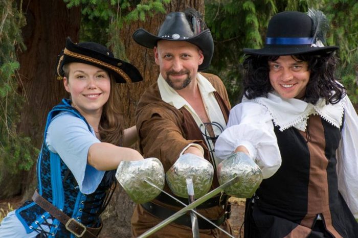 Photo: Greenstage presents THE THREE MUSKETEERS as part of their 2018 free summer theater series. Musketeers Abby Nathan, Daniel Wood, and Chris Allen, by Ken Holmes