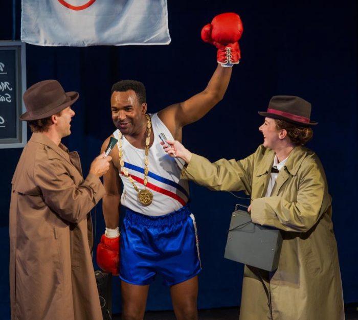 Cobey Mandarino, André G. Brown, Sydney Andrews in "And In This Corner: Cassius Clay" at Seattle Children's Theatre through Nov 25, 2018.