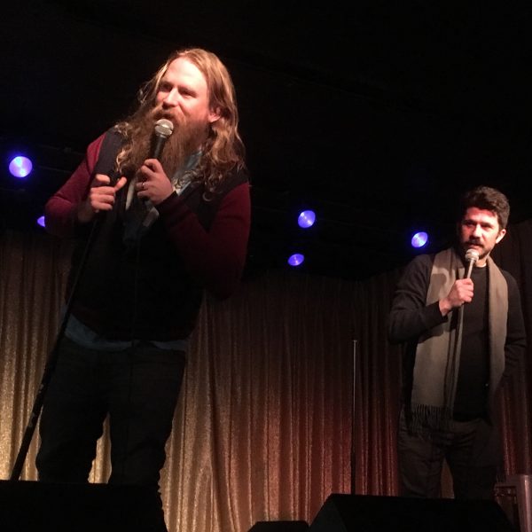 Co-hosts Emmett Montgomery and Brett Hamil check out the crowd at a recent Joketellers Union Comedy Show — Wednesday nights at the Clock-Out Lounge on Beacon Hill. 