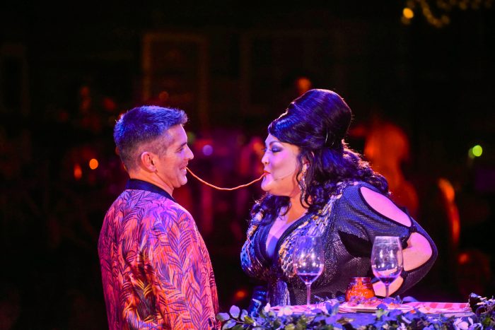 A Teatro ZinZanni patron and diva/star Christine Deaver share a meal in ZinZanni's holiday show, HOLLYWOOD & VINE at their new home in Woodinville, Washington. Photo: Michael Doucette