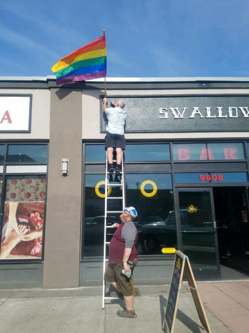 Stolen Pride flag replaced at Swallow Bar in White Center. Via Swallow Bar FB page