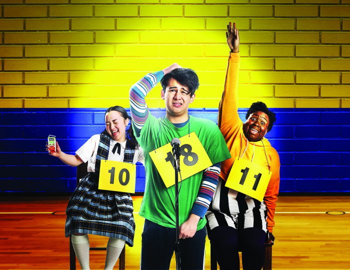 L to R: Arika Matoba, Rafael Molina, Sarah Russell in Village Theatre's 2019/2020 season opening production of "The 25th Annual Putnam County Spelling Bee". © 2019 Mark Kitaoka Property of Village Theatre.